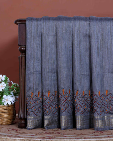 Elegant Kantha Hand Embroidered Saree with Intricate Floral Motif and Contrast Border - Grey (Copy)