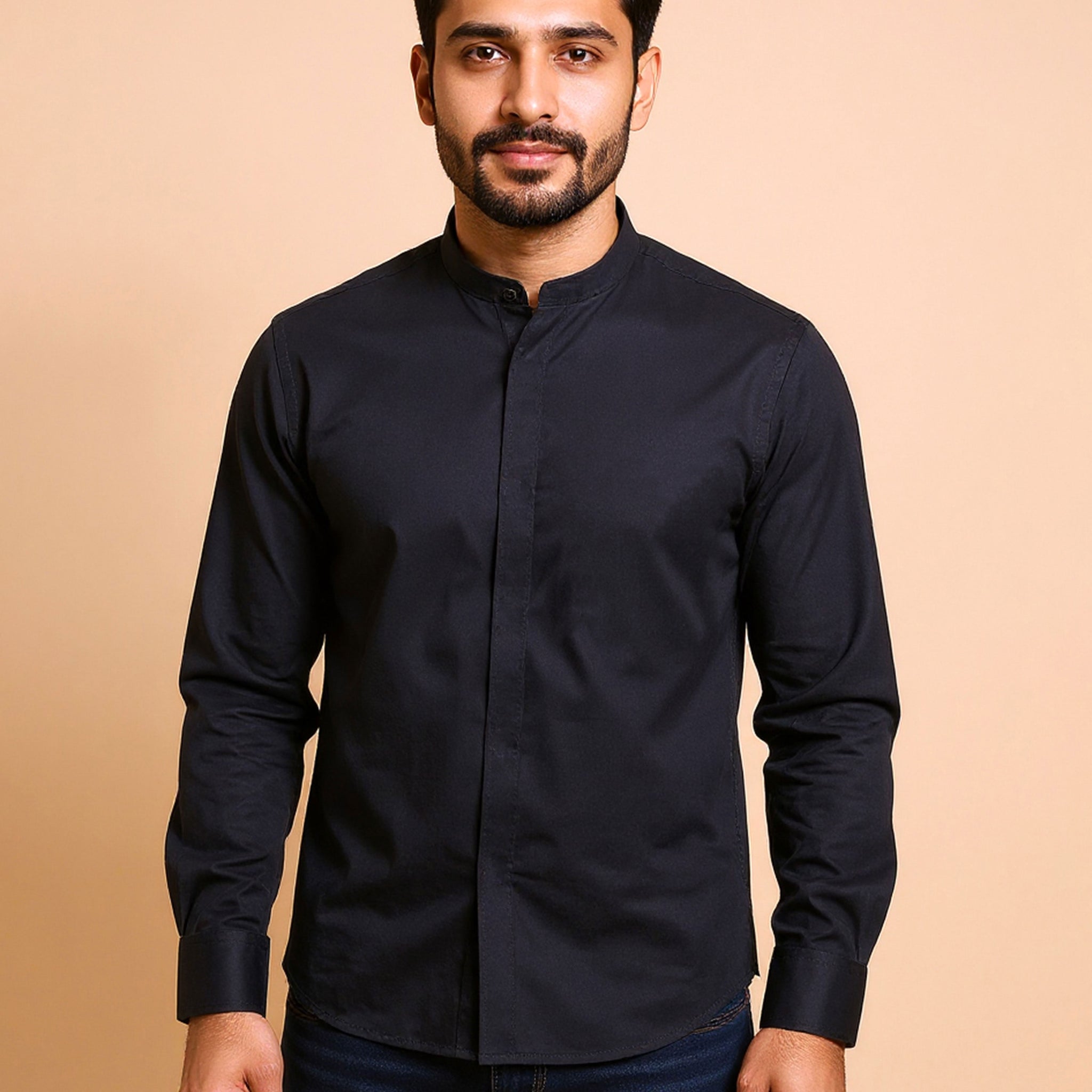 Native Bull Men's Solid Mandarin Collar Casual Shirt and Full Sleeves - Black