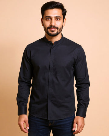 Native Bull Men's Solid Mandarin Collar Casual Shirt and Full Sleeves - Black