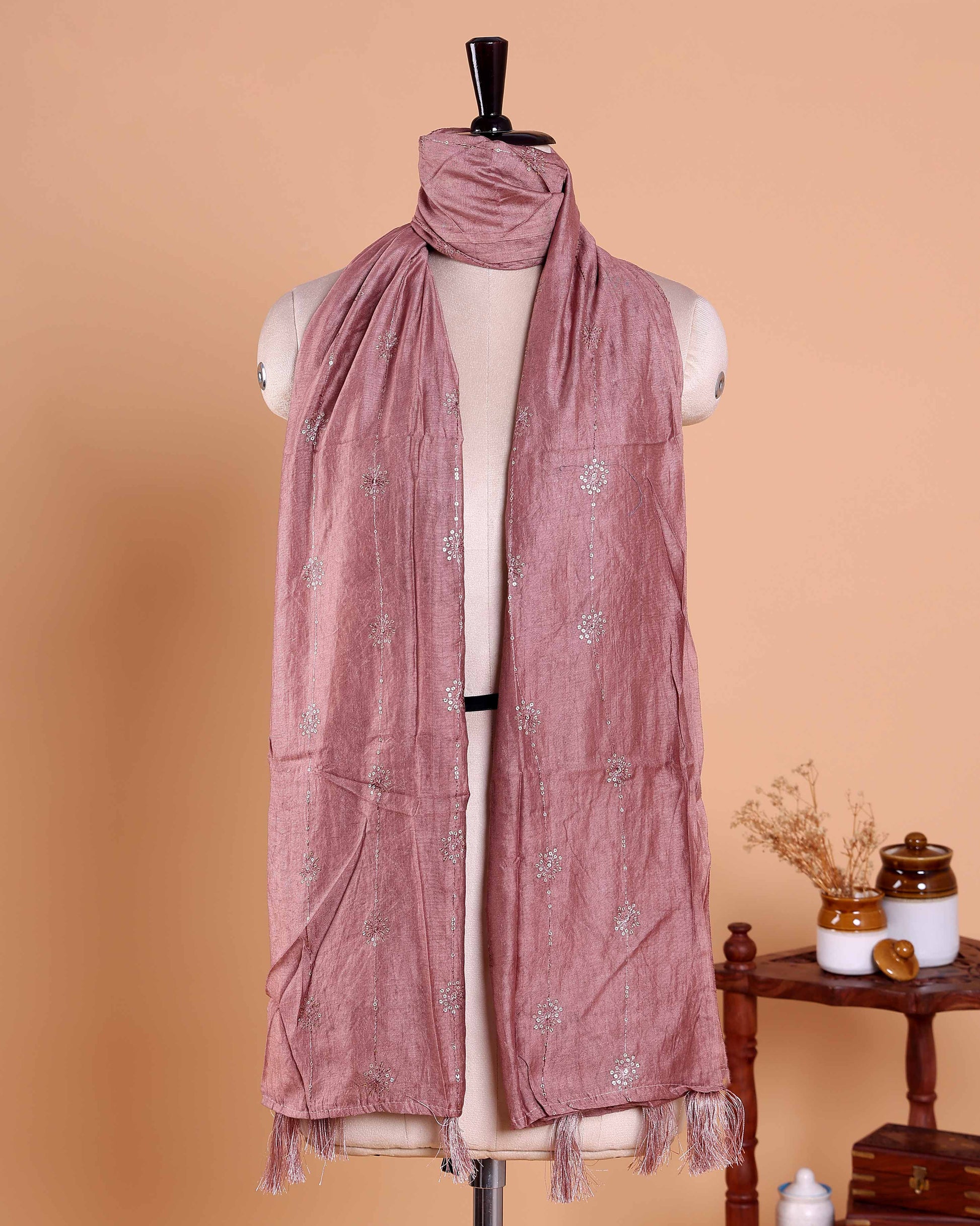 Elegant Embroidered Women’s Dupatta with Delicate Vertical Motif Pattern, Light Brown
