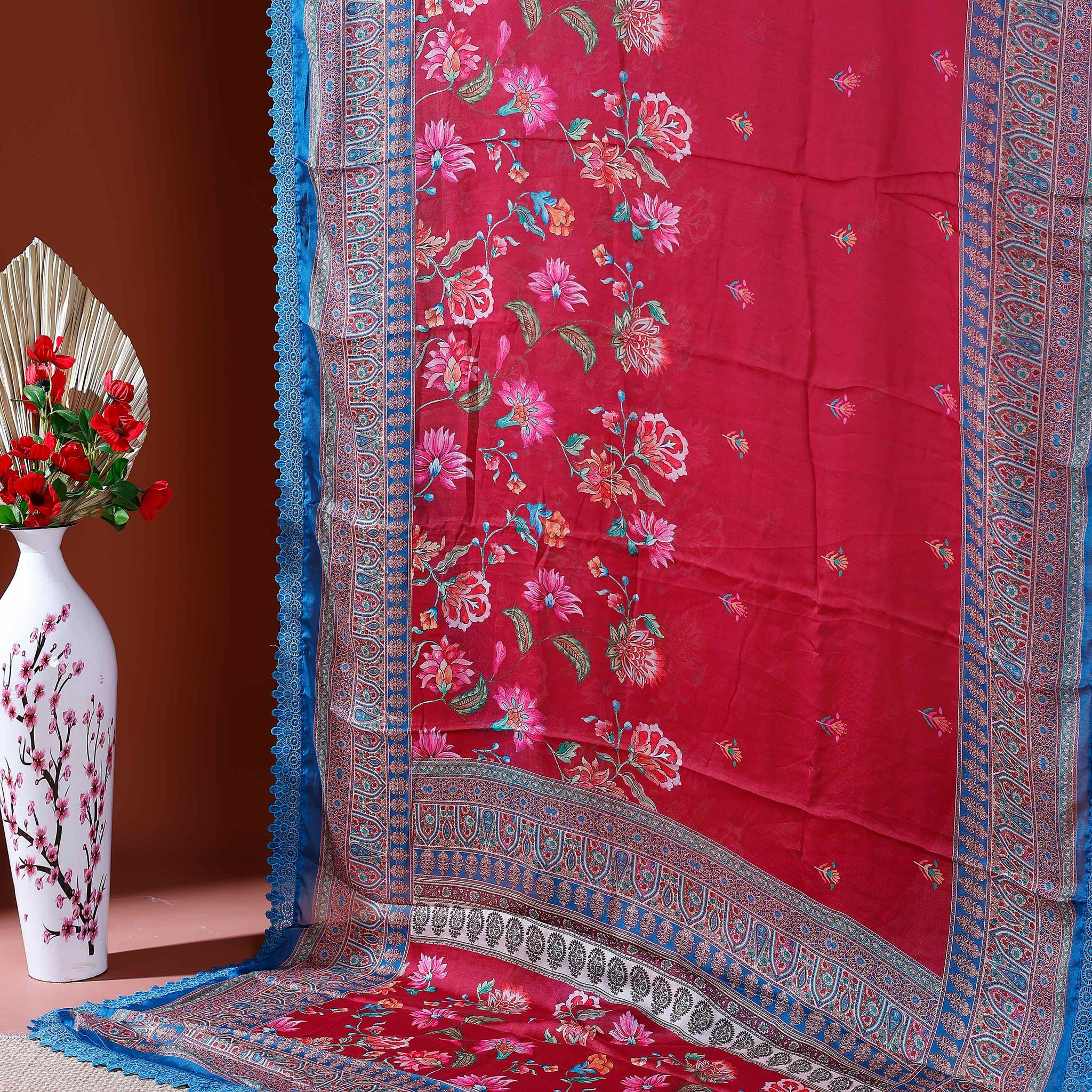 Elegant Georgette Saree with Intricate Floral Embroidery and Traditional Patterned Border - Red