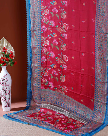 Elegant Georgette Saree with Intricate Floral Embroidery and Traditional Patterned Border - Red