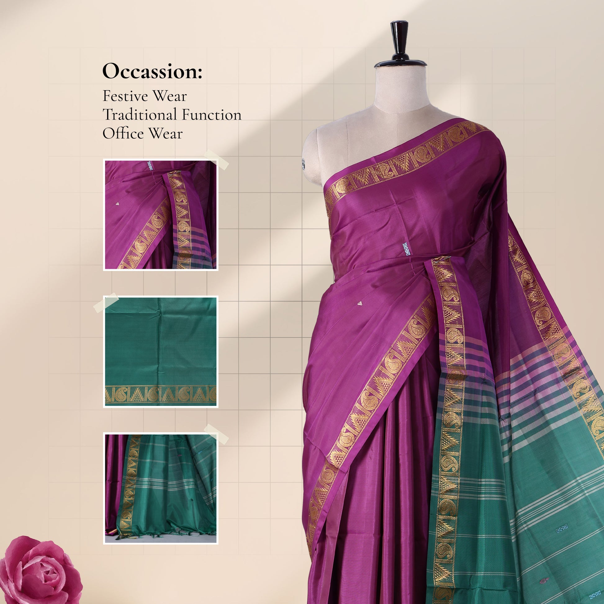 Banana Pith Saree in Dark Magenta  with Green Pallu and Intricate Gold Zari Border
