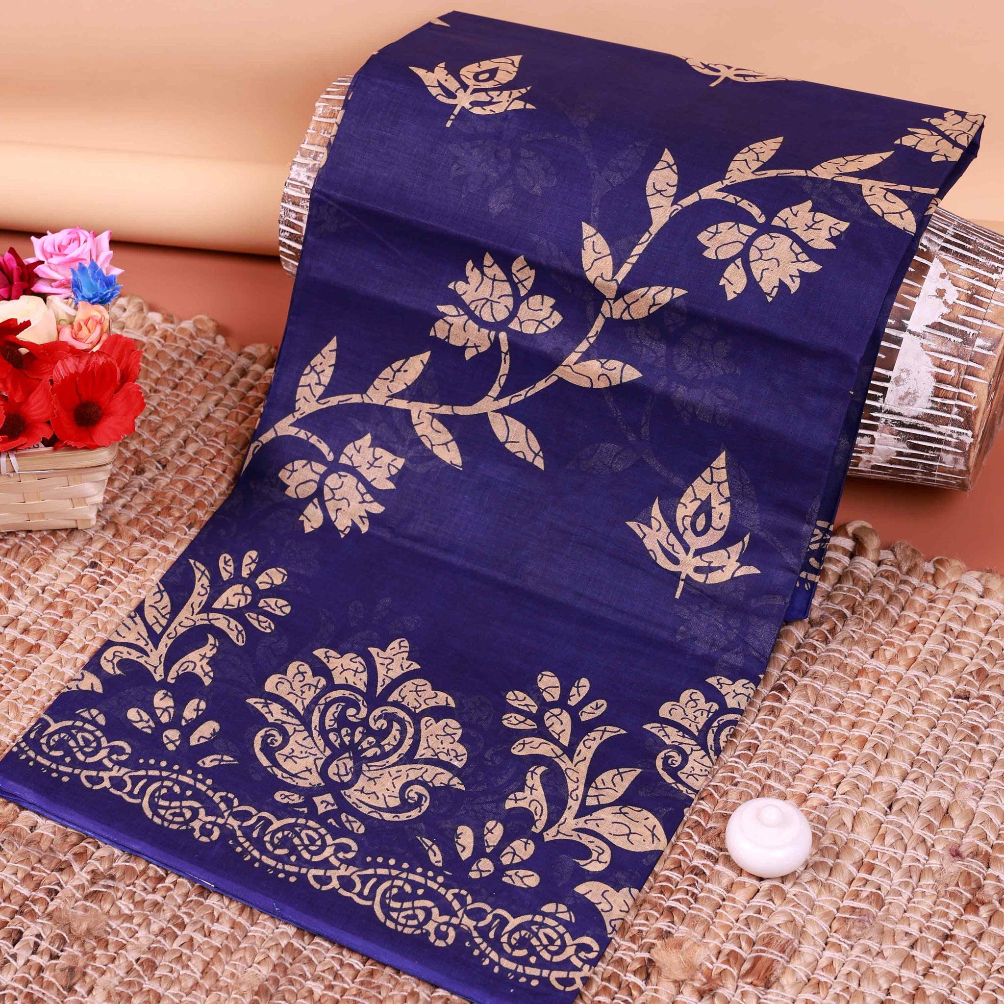 All-Over Floral Printed Voile Saree with Intricate Contrast Border – Navy Blue