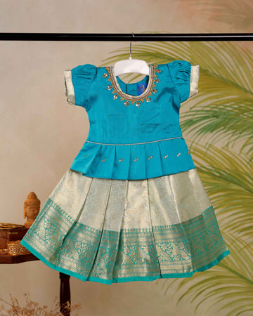 Kids Pattu Pavadai Readymade a Traditional Ethnic Gown with a Zari Border & Puff Sleeves  - Blue