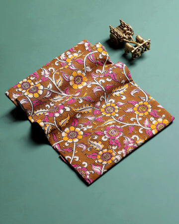 Elegant Floral Printed Women’s 1 Meter Blouse Material with Traditional Art Detailing - Brown