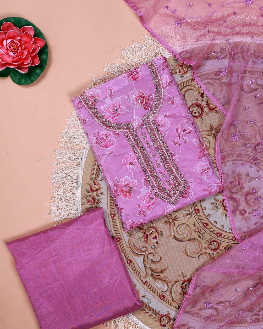 Women's Floral Embroidered Salwar Suit Material with Beaded Neckline and Net Dupatta - Pink