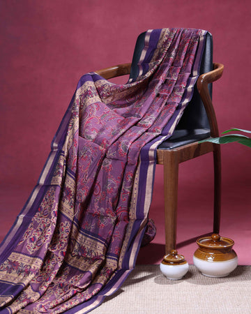 Elegant Semi Chanderi Saree with Paisley Inspired Motifs and A Plain Gold Woven Border - Purple