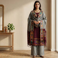 Deep Maroon Salwar Material Set With Grey Pants Fabric And Colorful Ikat Dupatta Full Length Front View