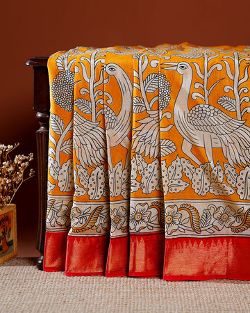 Elegant Kalamkari Inspired Mangalagiri Semi Silk Saree with Traditional Motifs - Orange