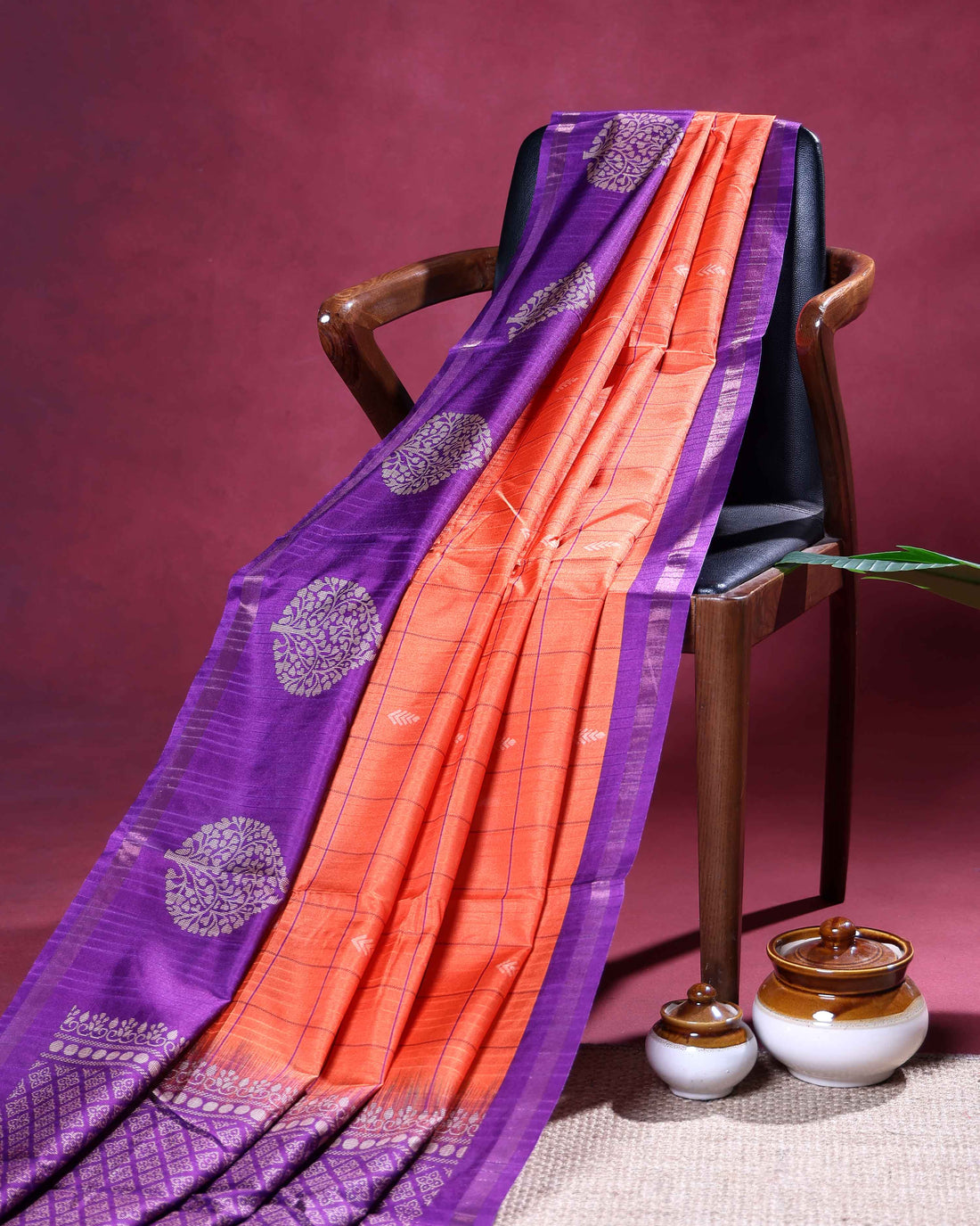 Raw Silk Saree with Checked Body Design and Traditional Tree Motif Woven Border - Orange