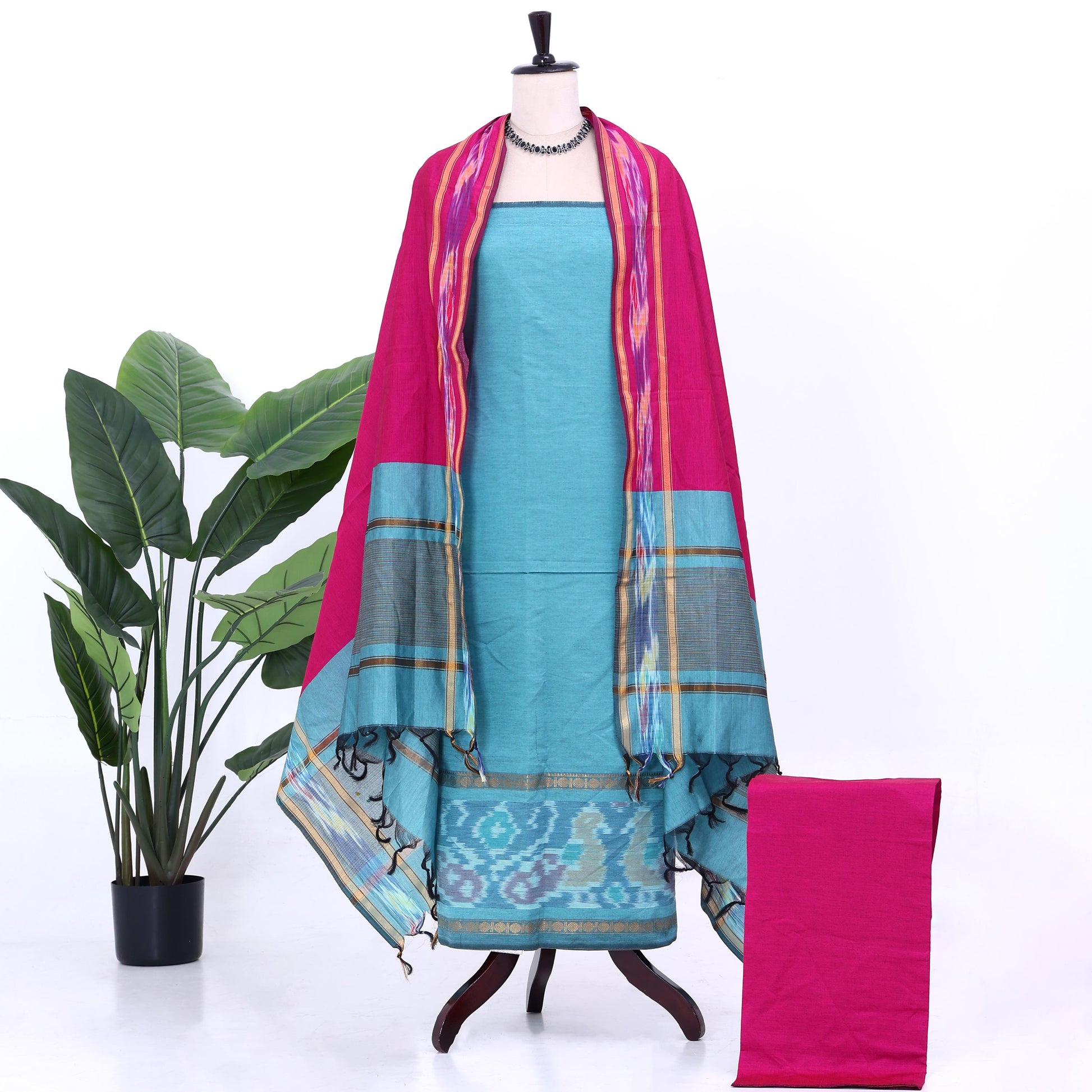 Light Blue Cotton Unstitched Salwar Material for Women | Ethnic Summer Collection | Jeyachandran - Full View