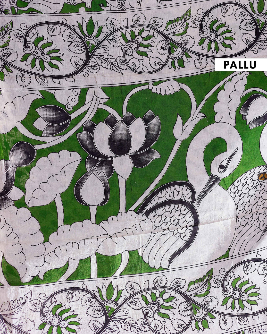 Traditional Handloom Kalamkari Cotton Saree with Intricate Floral and Avian Motifs - Green