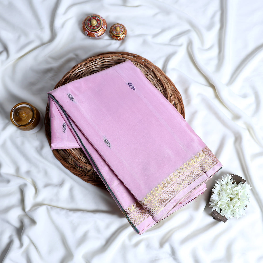 Baby Pink Banana Pith Semi Silk Saree for Women | Wedding & Festive occasion | Jeyachandran - Full View