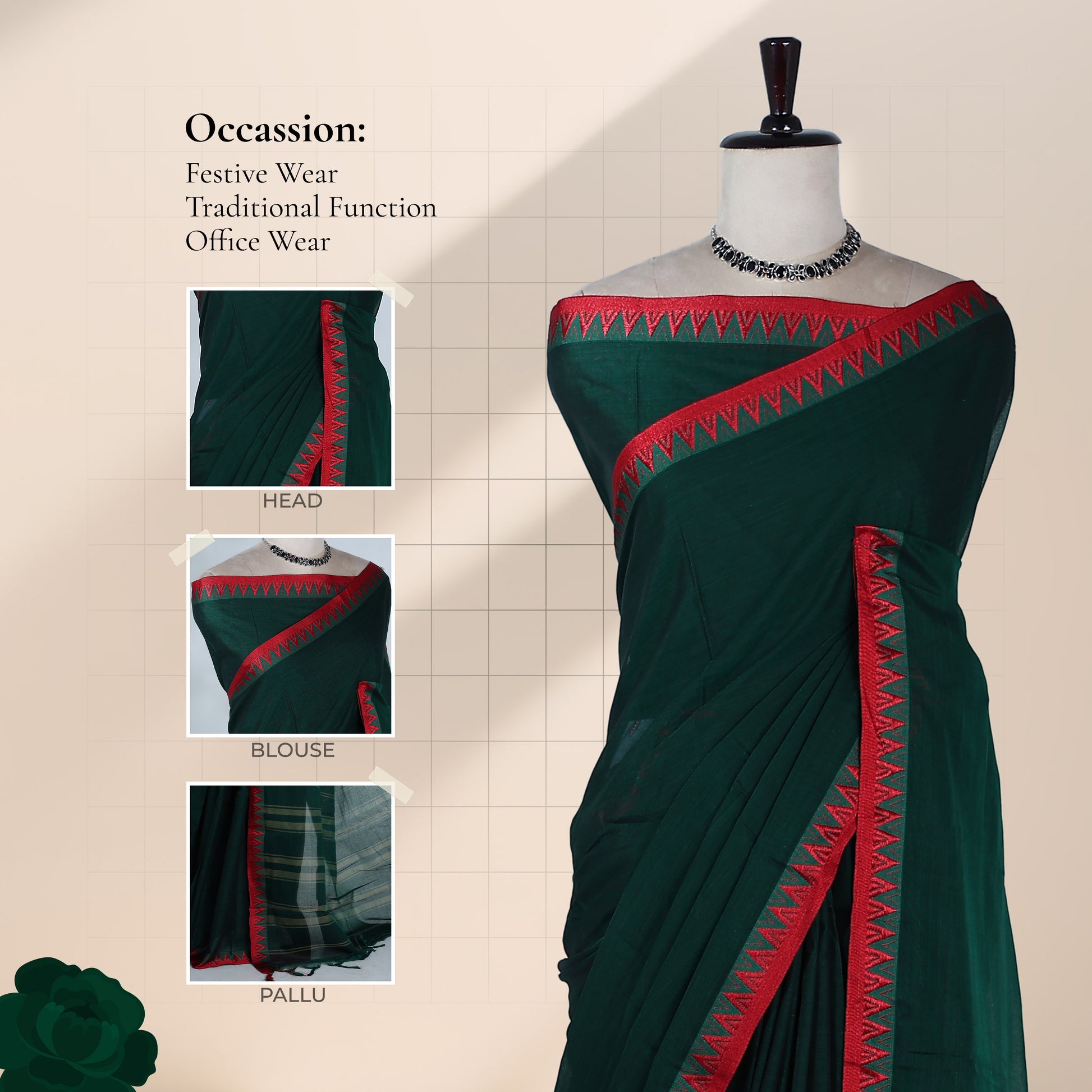 Dark Bottle Green Mangalagiri Cotton Saree With Red Temple Border And Striped Pallu Detail