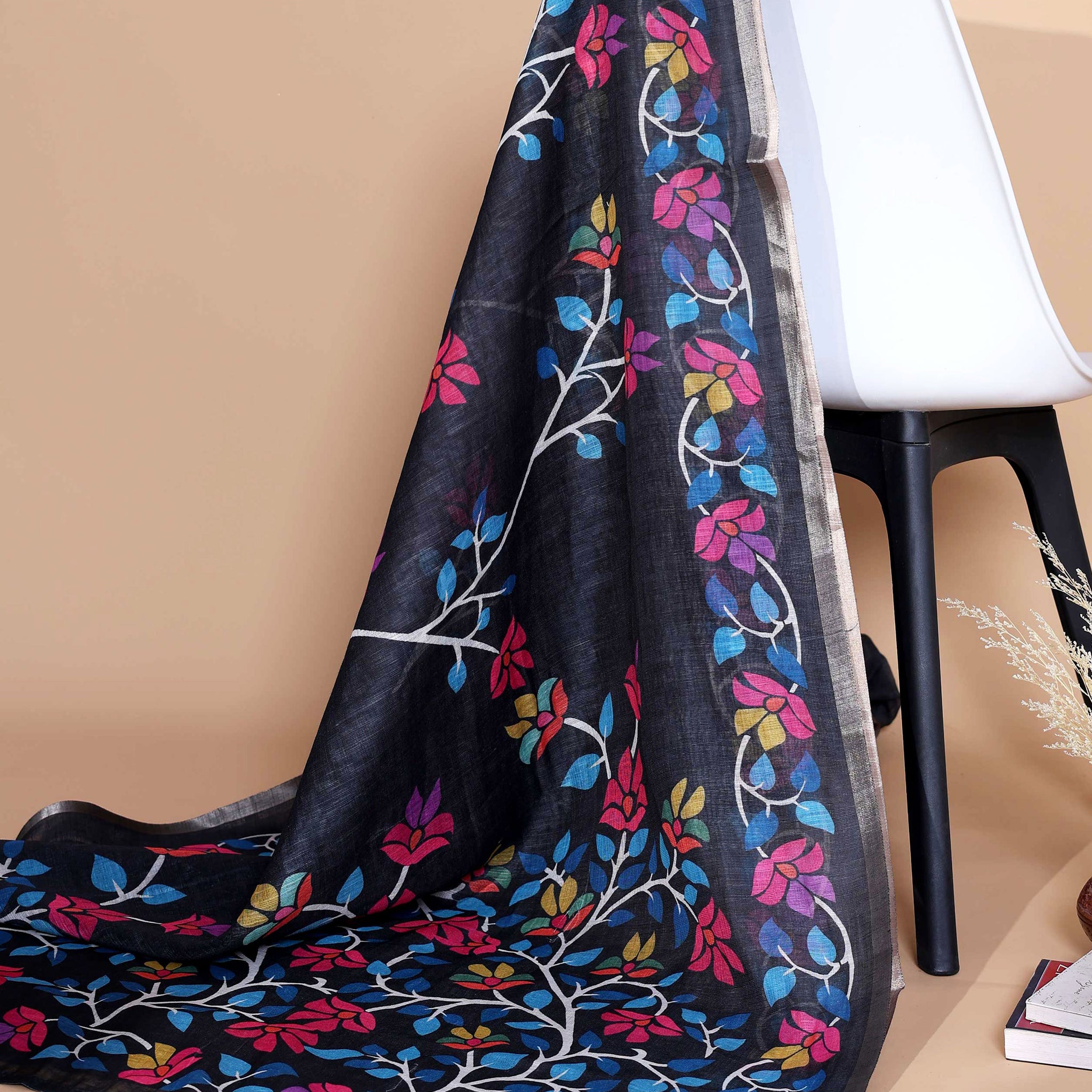 Ethnic Black Linen saree with Multi-color Paisley and Floral Design