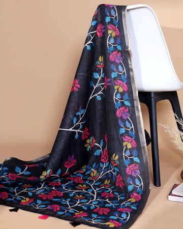 Ethnic Black Linen saree with Multi-color Paisley and Floral Design