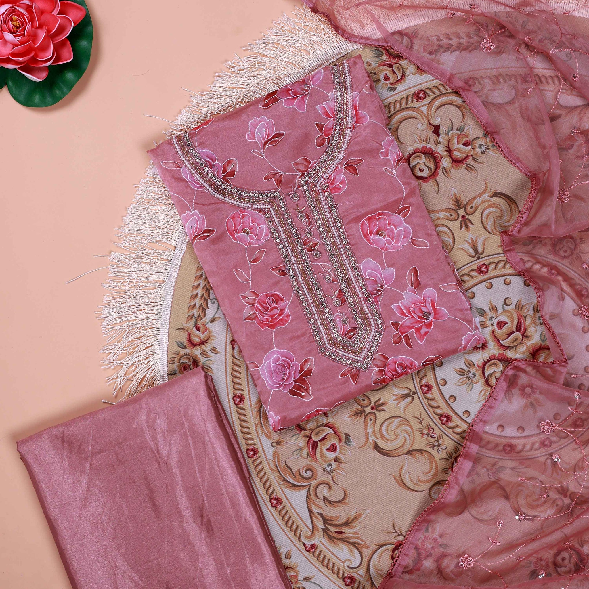 Women's Floral Embroidered Salwar Suit Material with Beaded Neckline and Net Dupatta - Brown