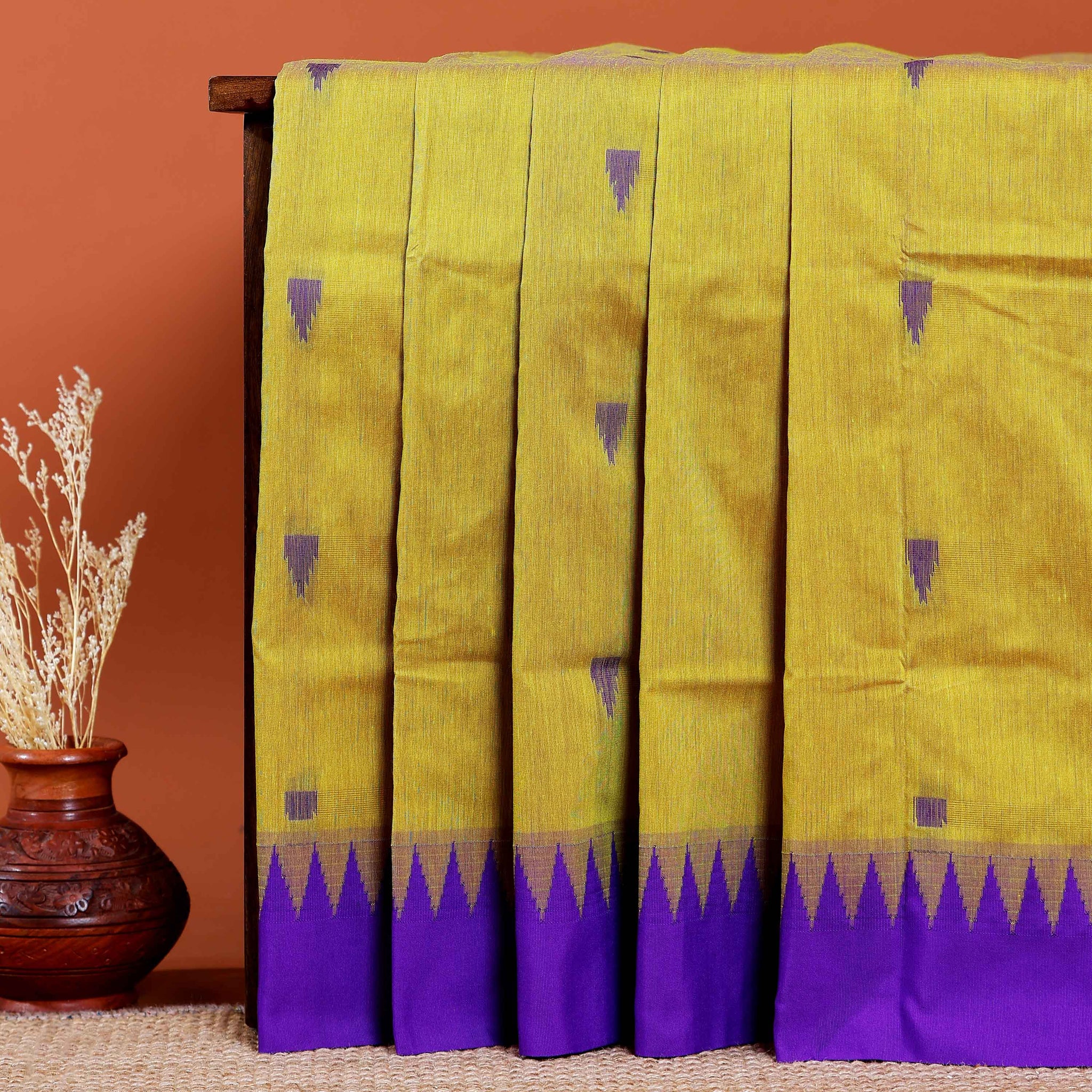 Handloom Kalyani Cotton Saree with Temple Border and Zari Buttas - Green