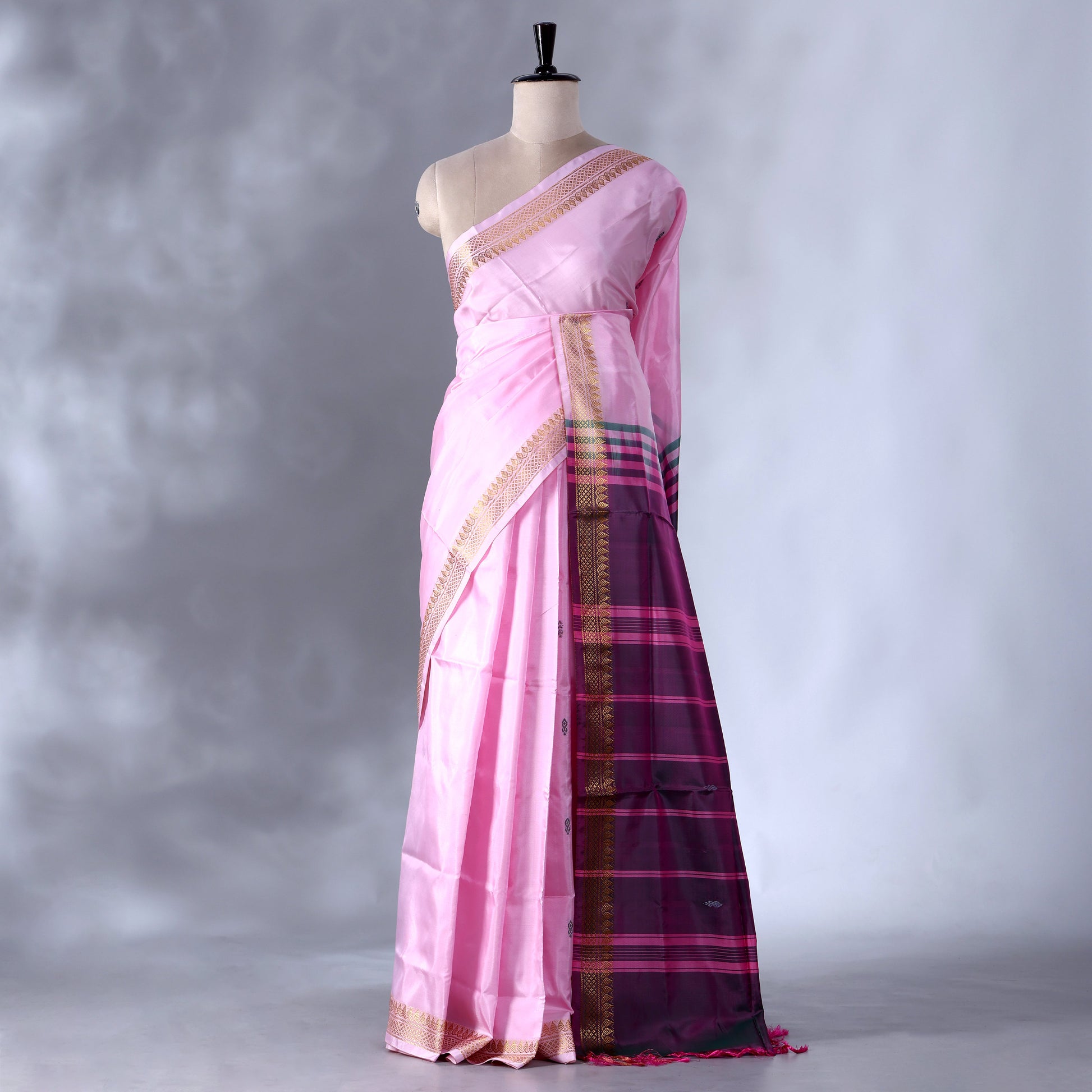 Baby Pink  Banana Pith Saree with Minimal Butta Motifs & Traditional Zari Woven Border -Full View