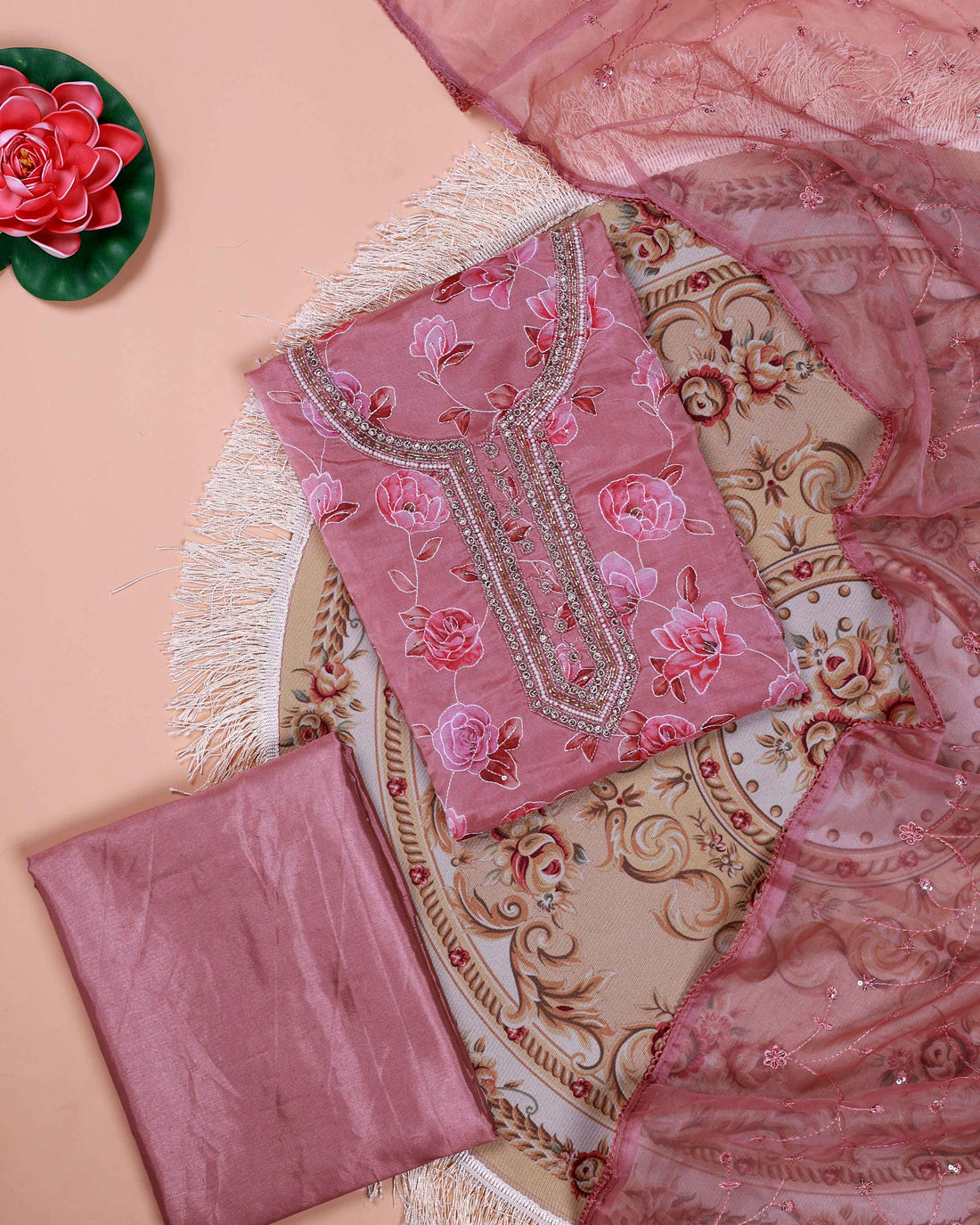 Women's Floral Embroidered Salwar Suit Material with Beaded Neckline and Net Dupatta - Brown