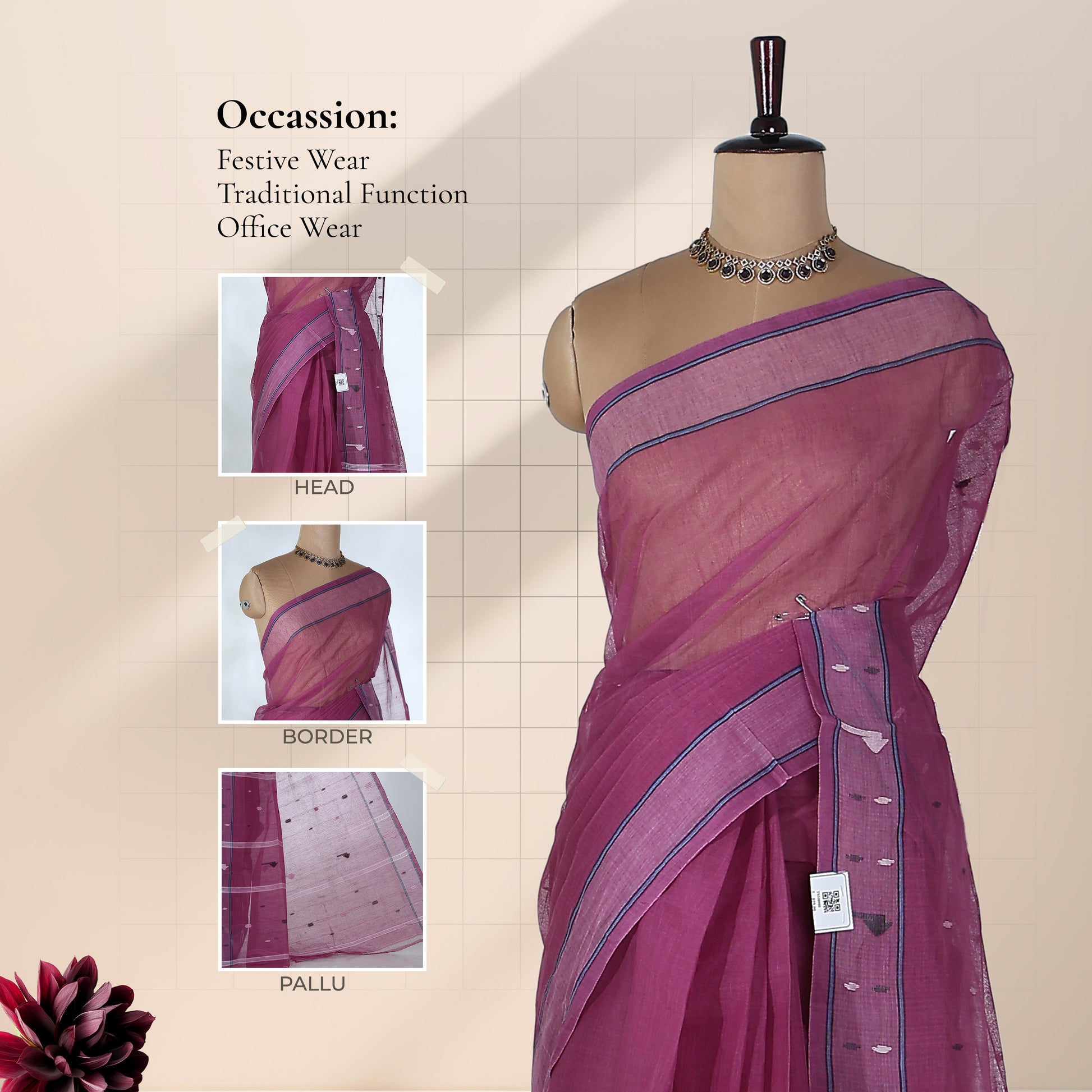 Bengal Cotton Saree With Woven Buti Motifs And Contrast Border In Purple Front Draped Mannequin View
