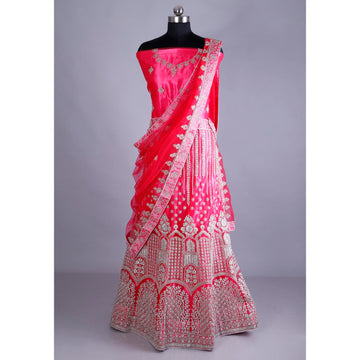 Pink Colour Embroidered Semi - Stitched Bridal Wedding Lehenga