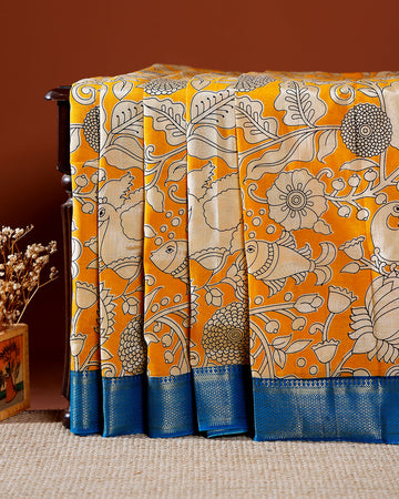 Elegant Mangalagiri Semi Silk Saree with Hand-Painted Kalamkari Floral Motifs and Zari Border - Yellow