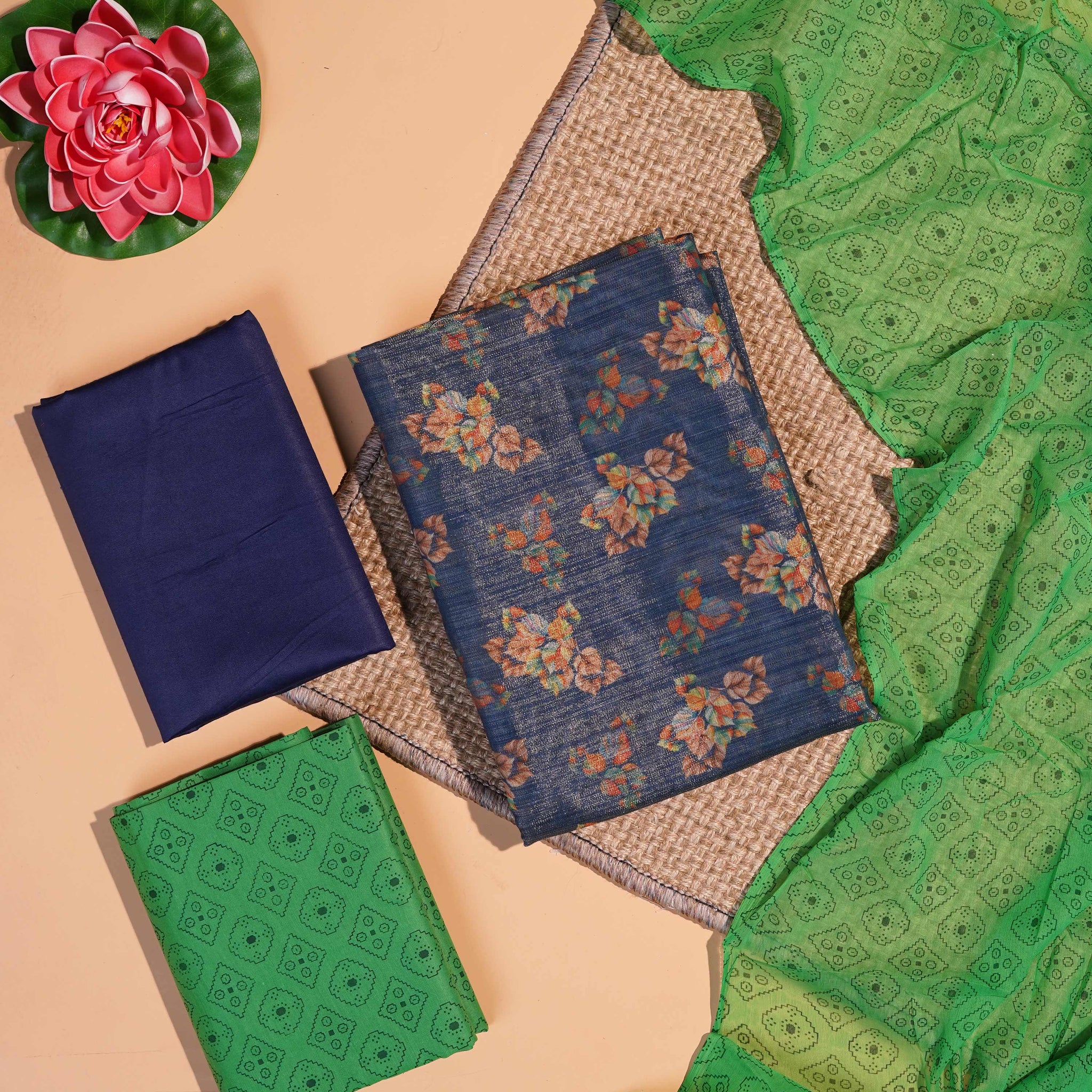 Floral Printed Unstitched Salwar Suit Material - Navy Blue