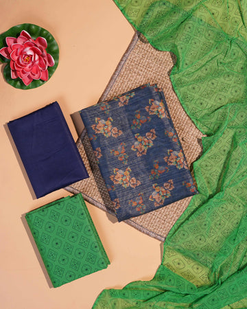 Floral Printed Unstitched Salwar Suit Material - Navy Blue