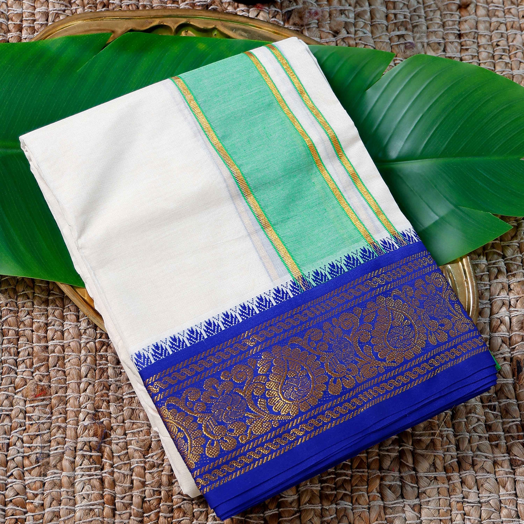 Men’s Cotton Dhoti with Blue Colour Border - White