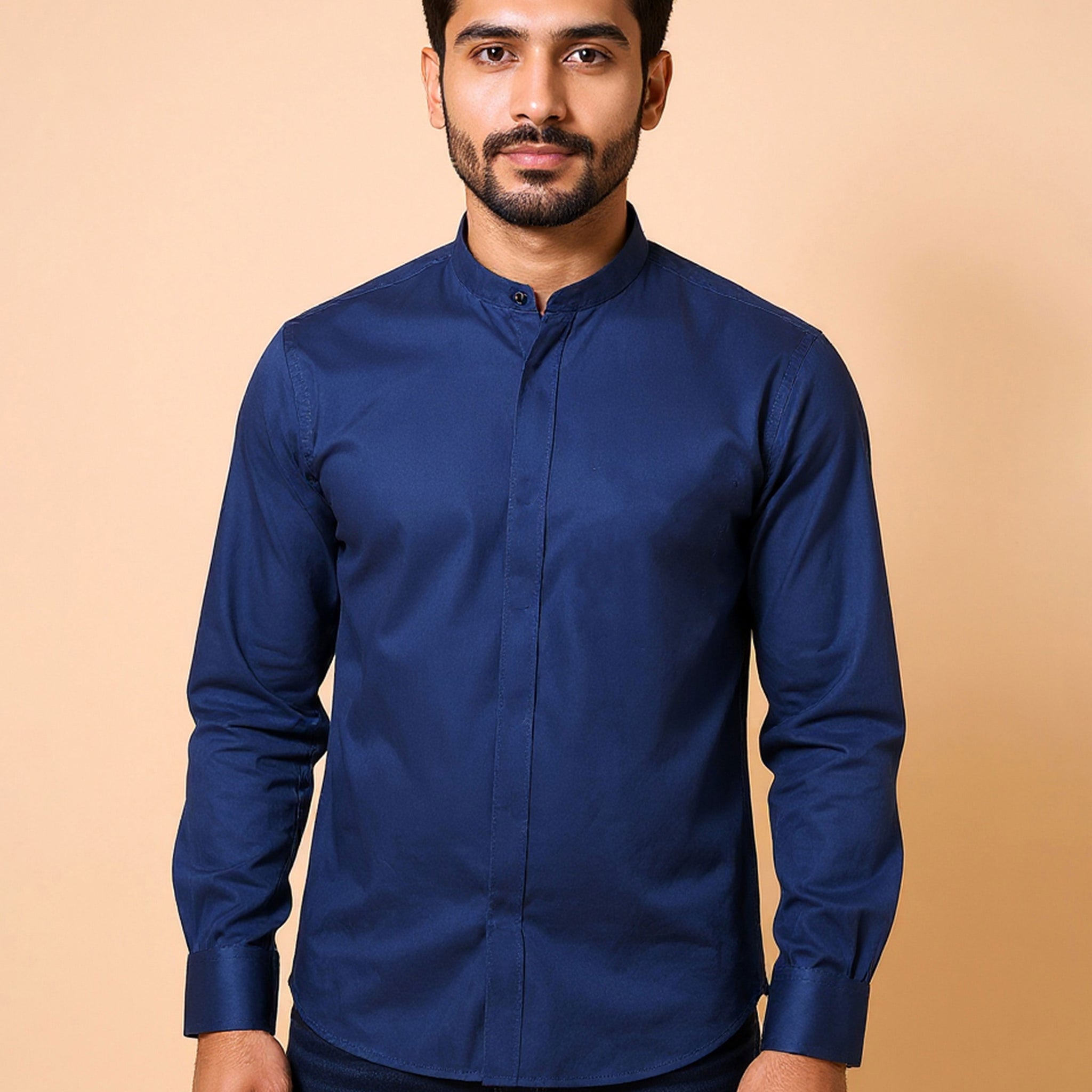 Men's Nativebull Brand Mandarin Collar Full Sleeve Casual Shirt - Navy Blue