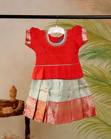 Elegant Kids Pattu Pavadai Readymade a Traditional Ethnic Gown with Zari Border & Puff Sleeves  - Red