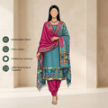 Light Blue Salwar Suit Material With Pink Bottom Fabric And Colorful Ikat Dupatta - Front View
