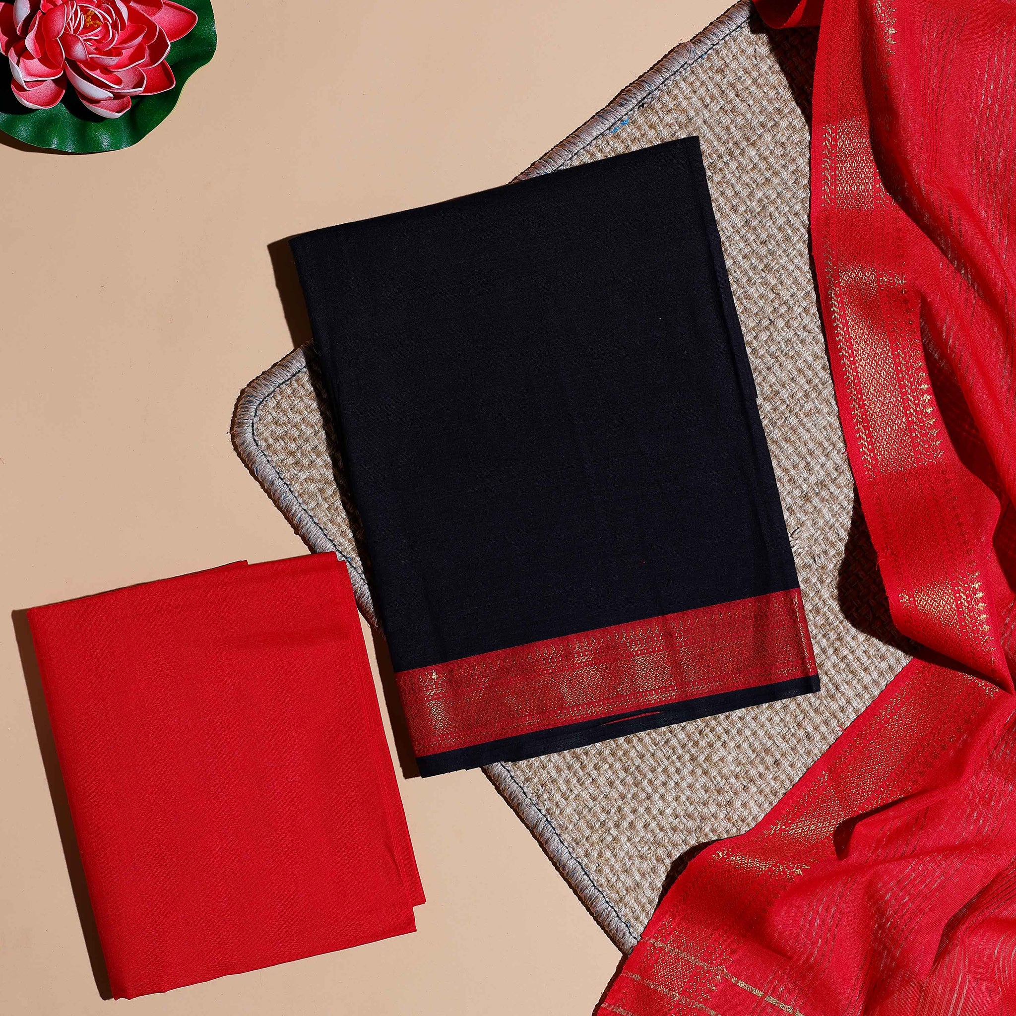 Women's Semi Silk Salwar Material with Contrast Border and Zari Weaving - Black