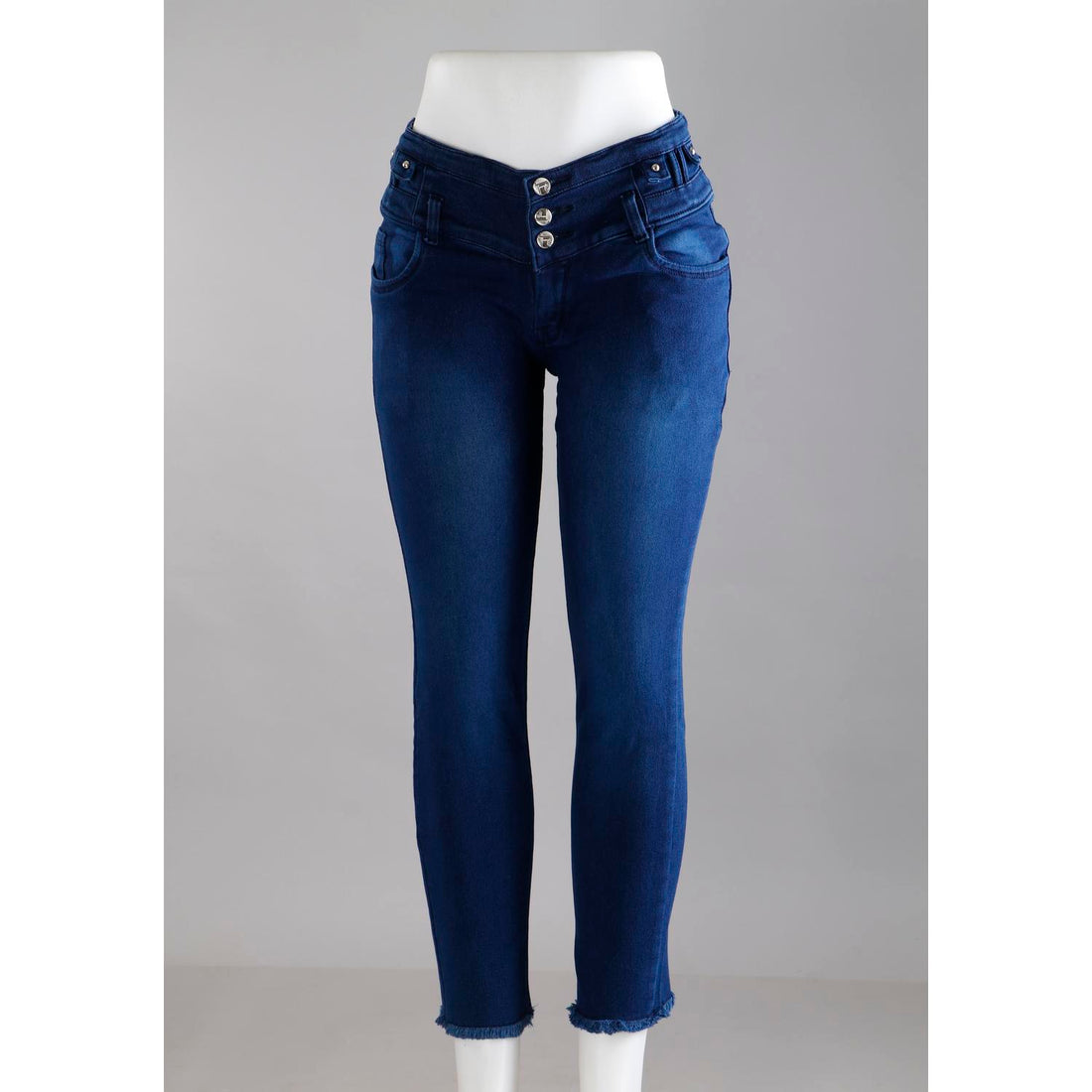 Women Blue Pencil Cut  Button Jeans
