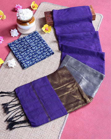 Handloom Traditional Khadi Cotton Saree with Woven Border and Contrast Printed Blouse Piece - Violet