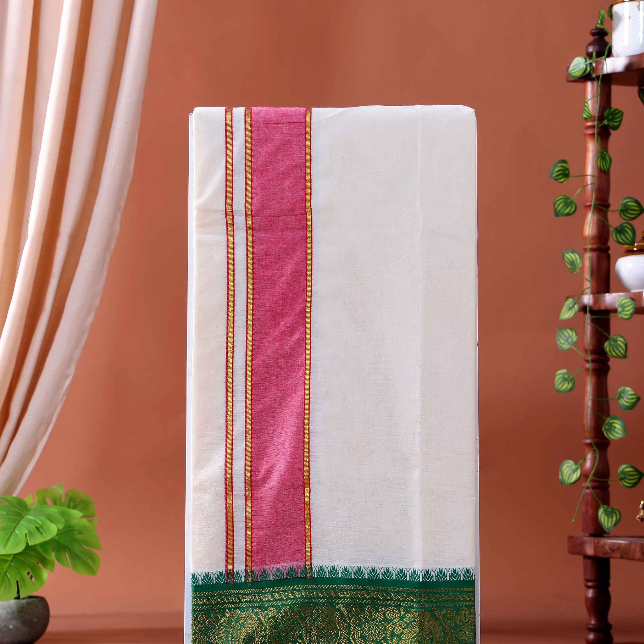 Men’s Traditional Handloom Cotton Dhoti with Multi Border - Off White