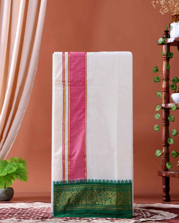 Men’s Traditional Handloom Cotton Dhoti with Multi Border - Off White