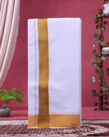 Traditional Men’s Handloom Cotton Dhoti  9*5 Meter with Elegant Gold Border - White