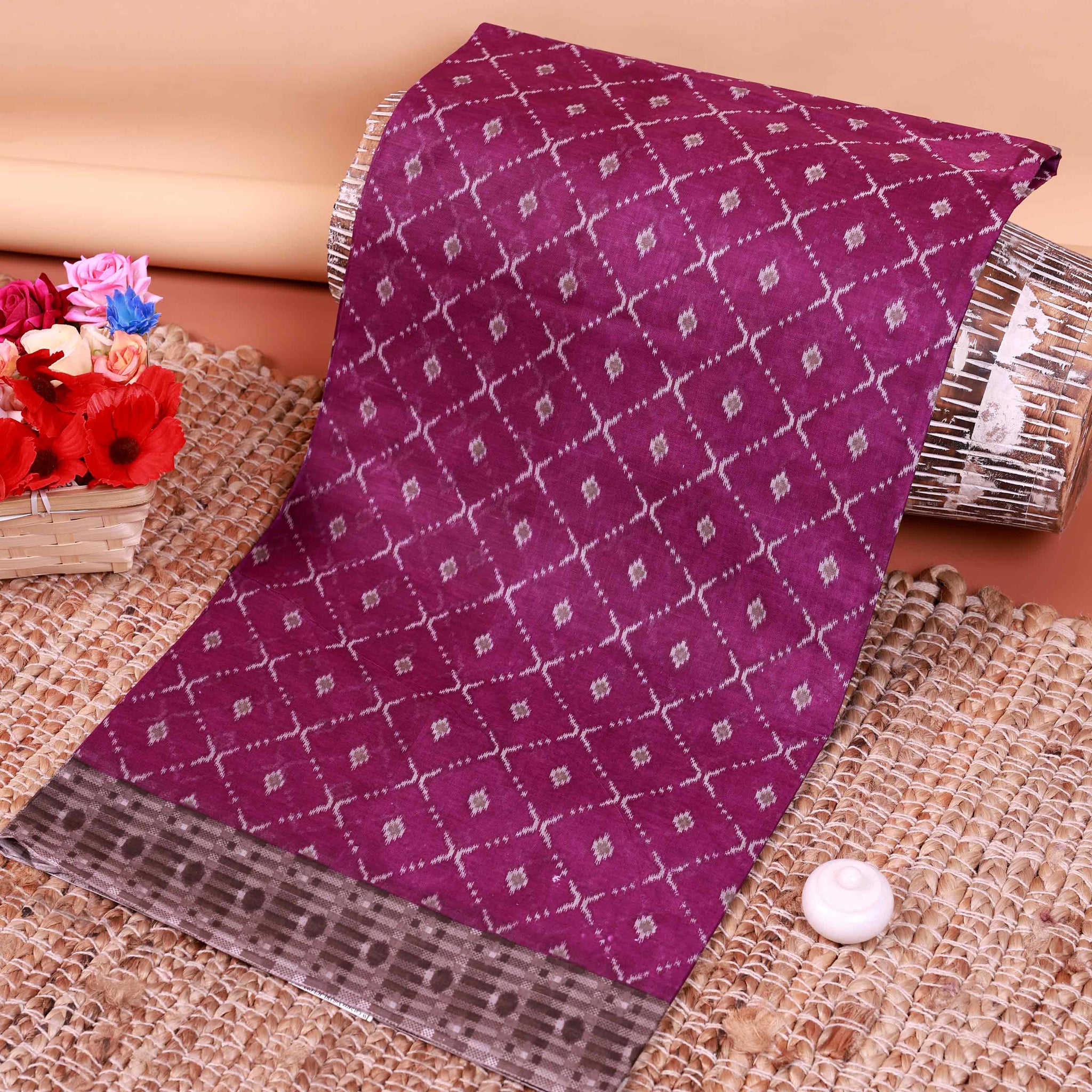 All-Over Floral Printed Voile Saree with Intricate Contrast Border – Purple