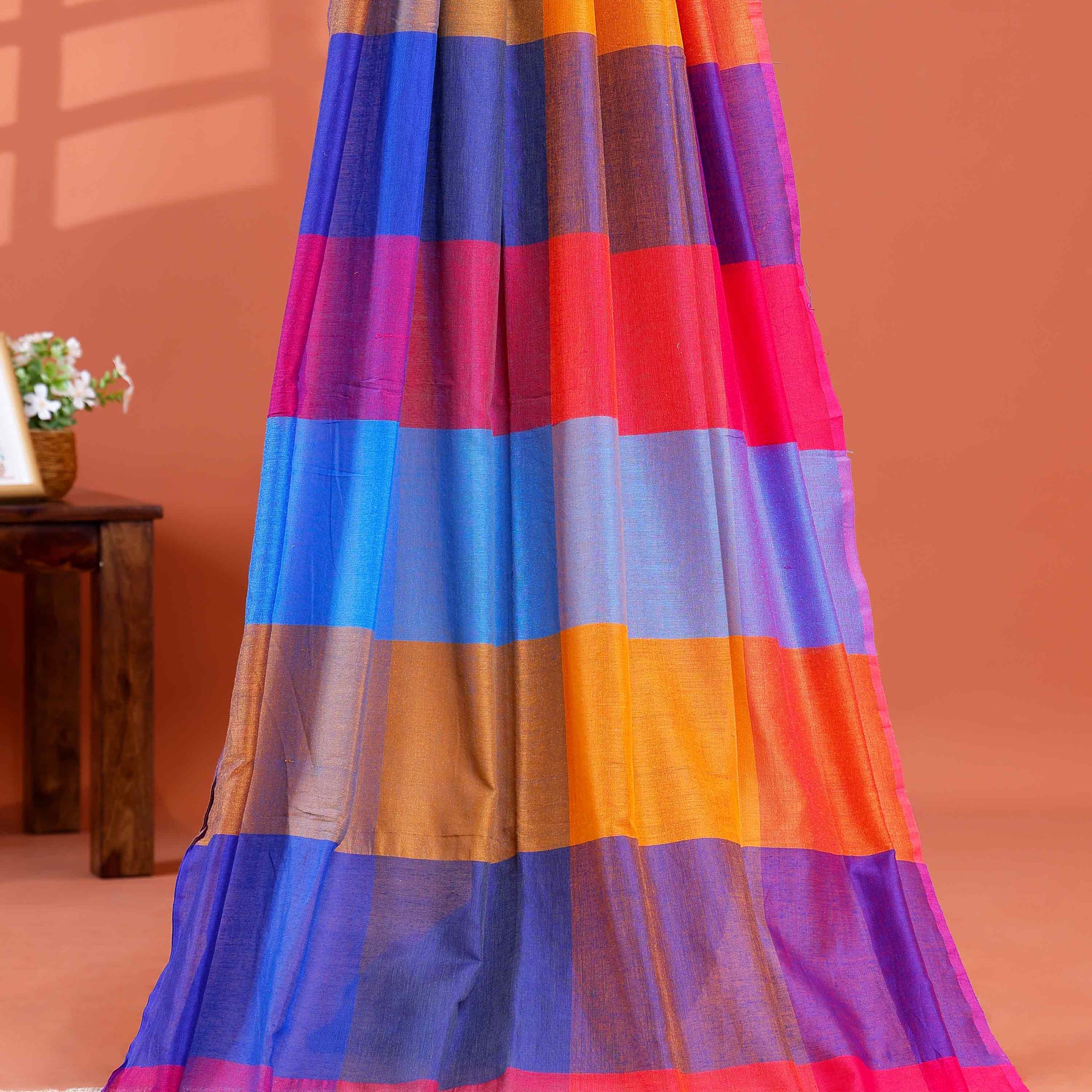 Handwoven Mul Mul Cotton Saree with Bold Striped Pattern and Tassel Detailing - Multi
