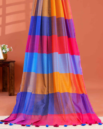Handwoven Mul Mul Cotton Saree with Bold Striped Pattern and Tassel Detailing - Multi