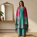 Light Blue Salwar Material Set With Pink Pants Fabric And Colorful Ikat Dupatta Full Length Front View