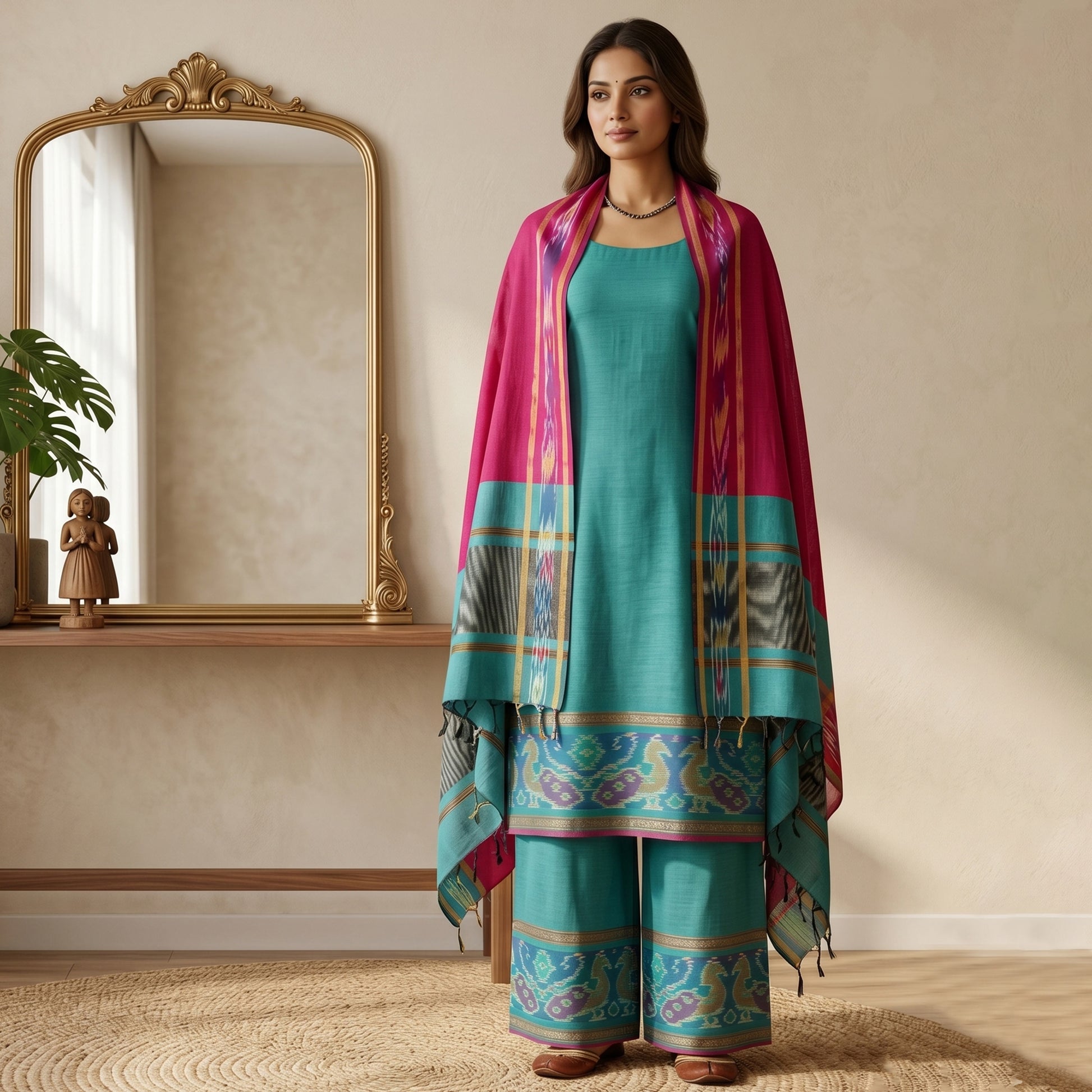 Light Blue Salwar Material Set With Pink Pants Fabric And Colorful Ikat Dupatta Full Length Front View