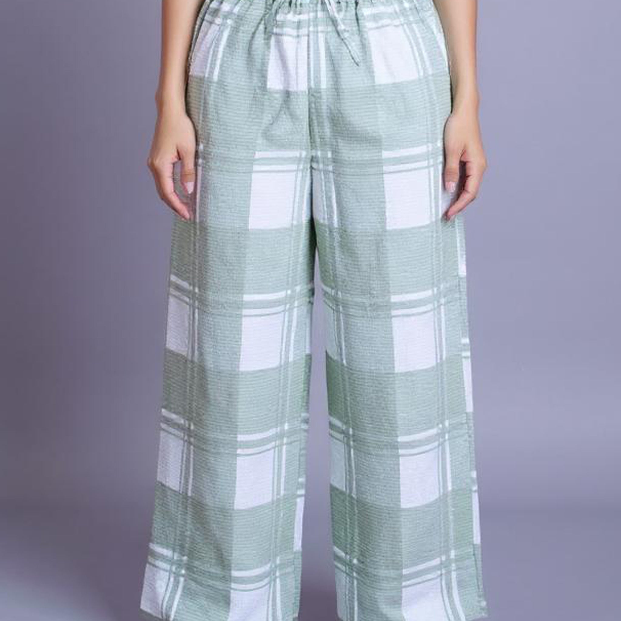 Checked Drawstring Wide-Leg Palazzo Pant - Green