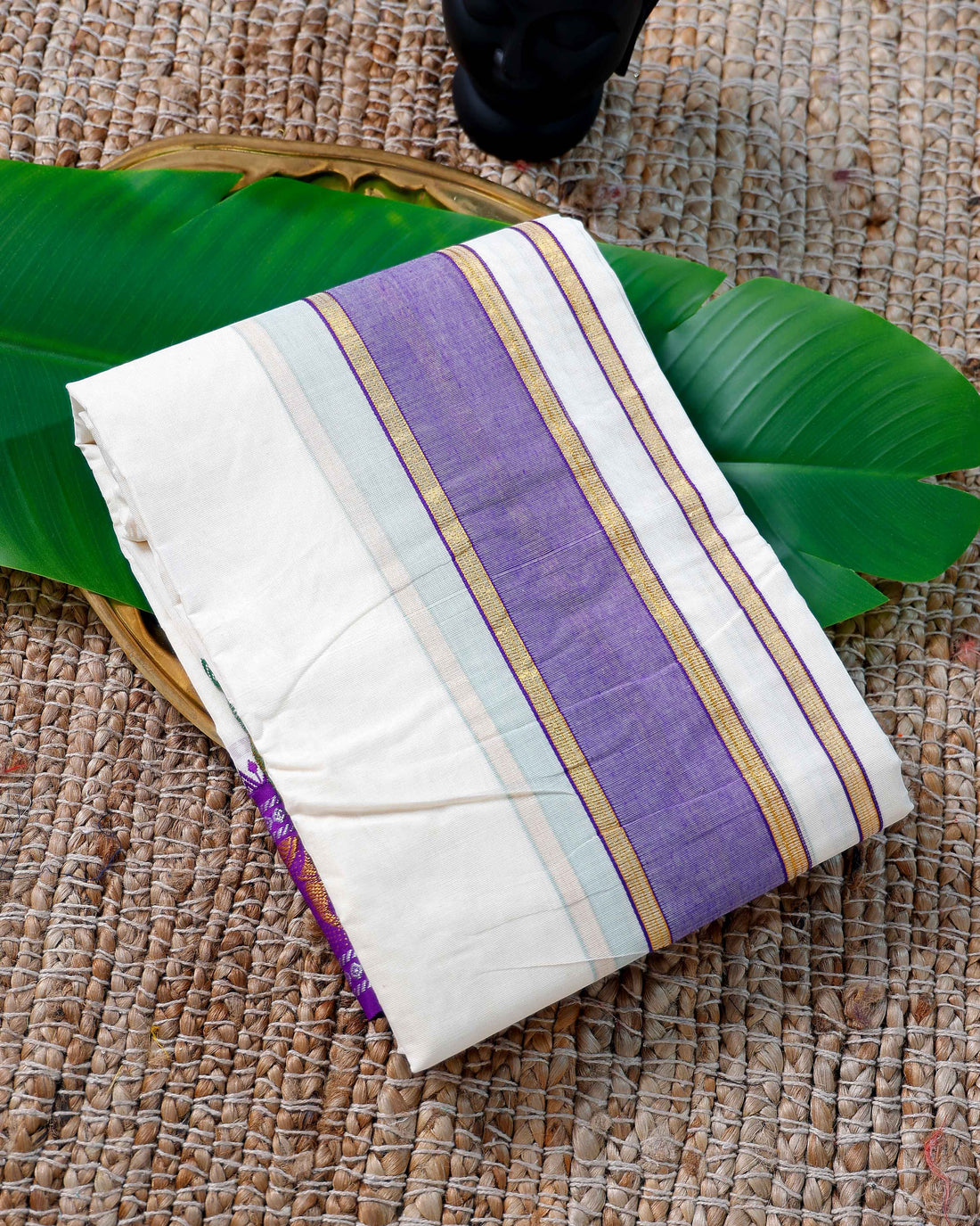 Men’s Cotton Dhoti with Violet Colour Border - White