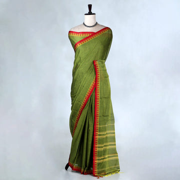 Olive Green Mangalagiri Cotton Saree for Women | Festive Summer Collection | Jeyachandran - Full View
