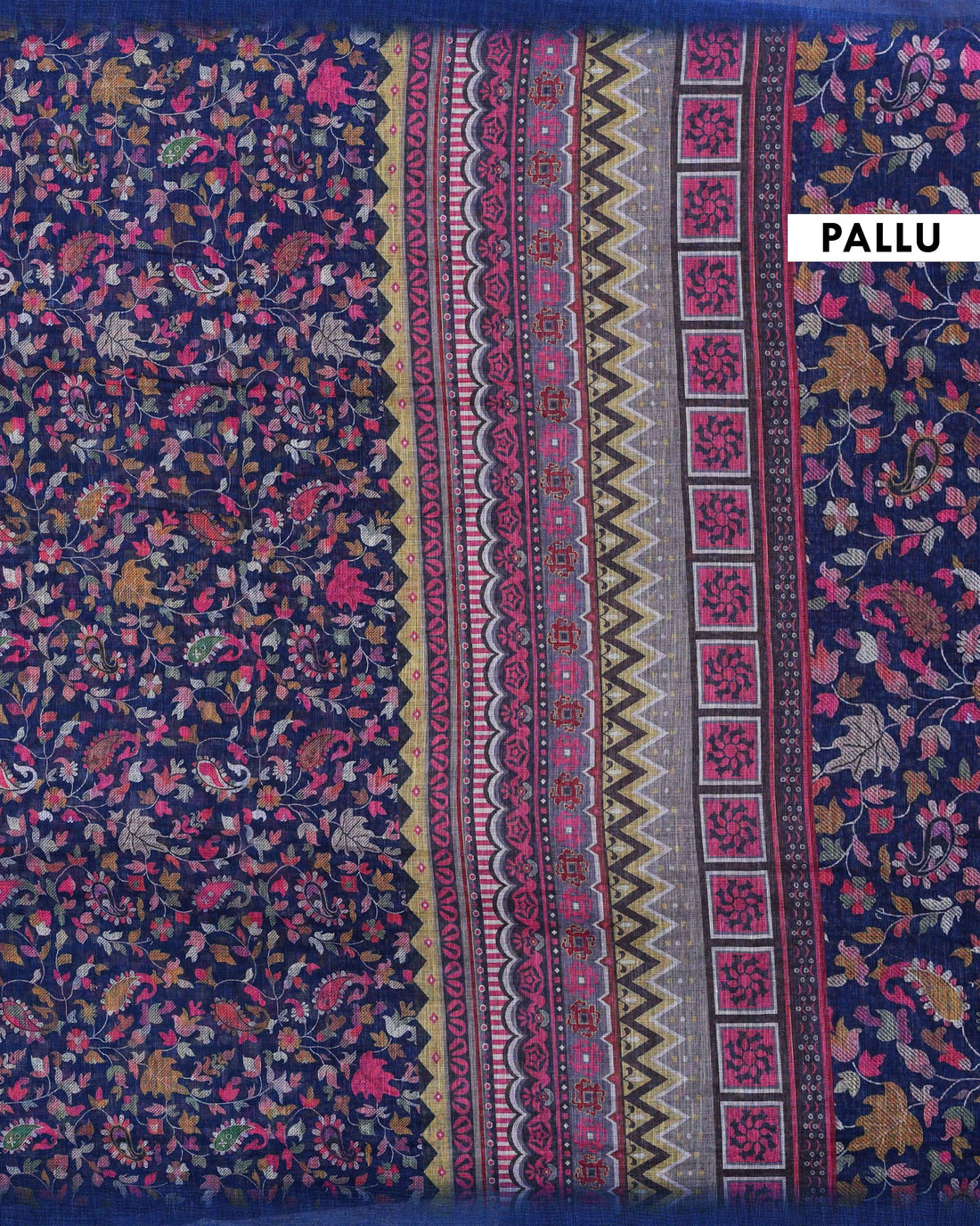 Ethnic Navy Blue Linen saree with Multi-color Paisley and Floral Design
