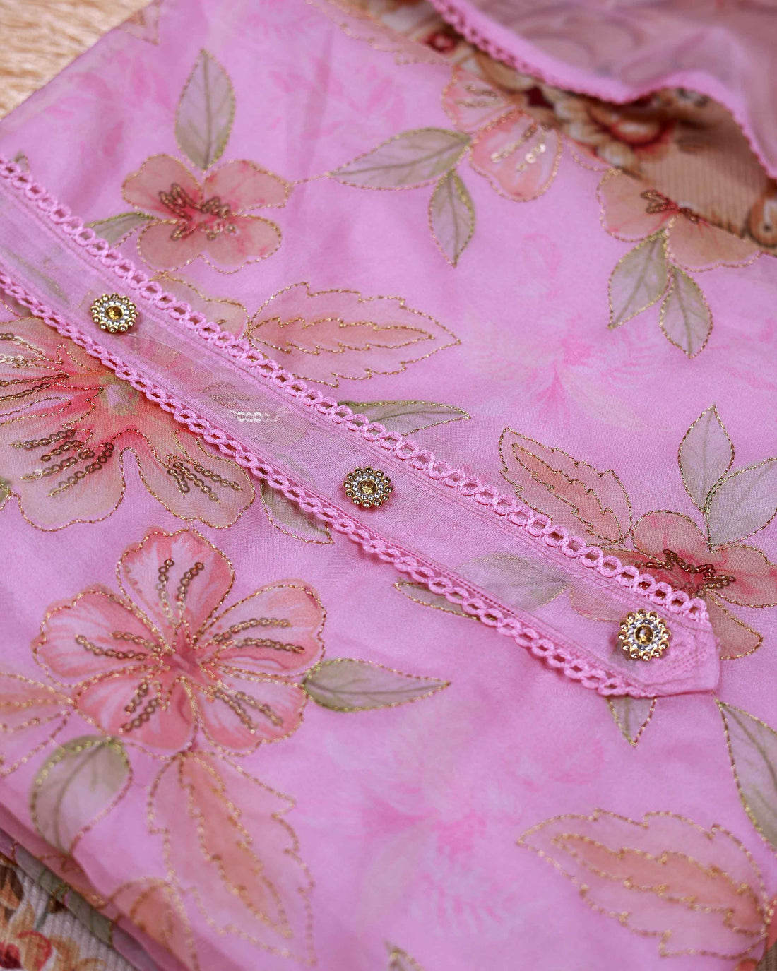 Women's Floral Embroidered Salwar Suit Material with Beaded Neckline and Net Dupatta - Pink